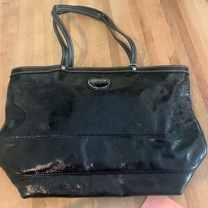 Coach black patent leather signature stripe shoulder bag